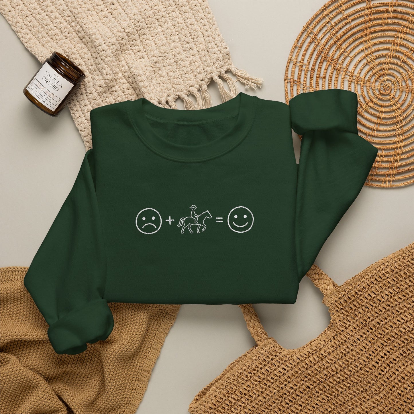 Horse Therapy Crewneck Sweatshirt — Sad + Horse = Happy Minimalist Equine Design