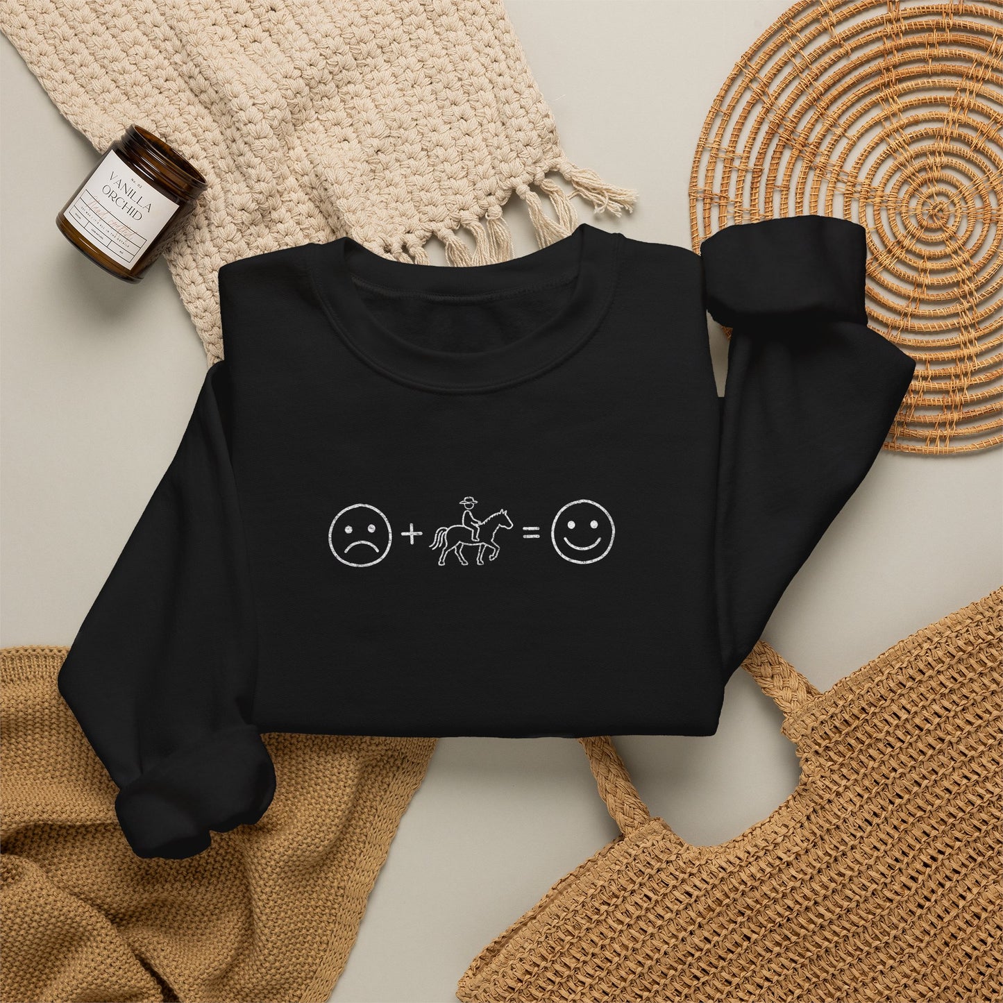 Horse Therapy Crewneck Sweatshirt — Sad + Horse = Happy Minimalist Equine Design