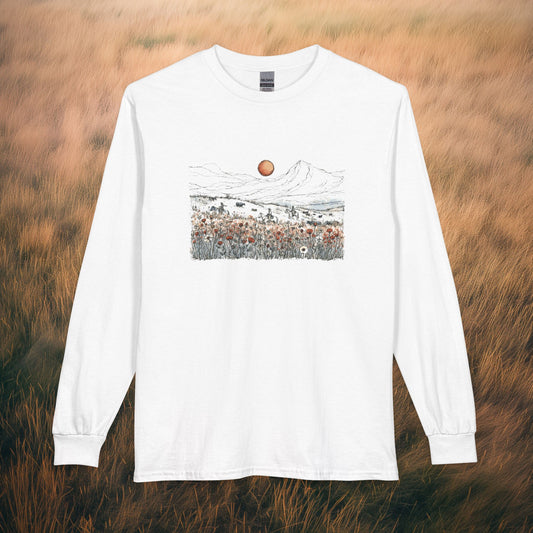 Mountain Meadow Long Sleeve Tee — Sunlit Wildflower Landscape Shirt