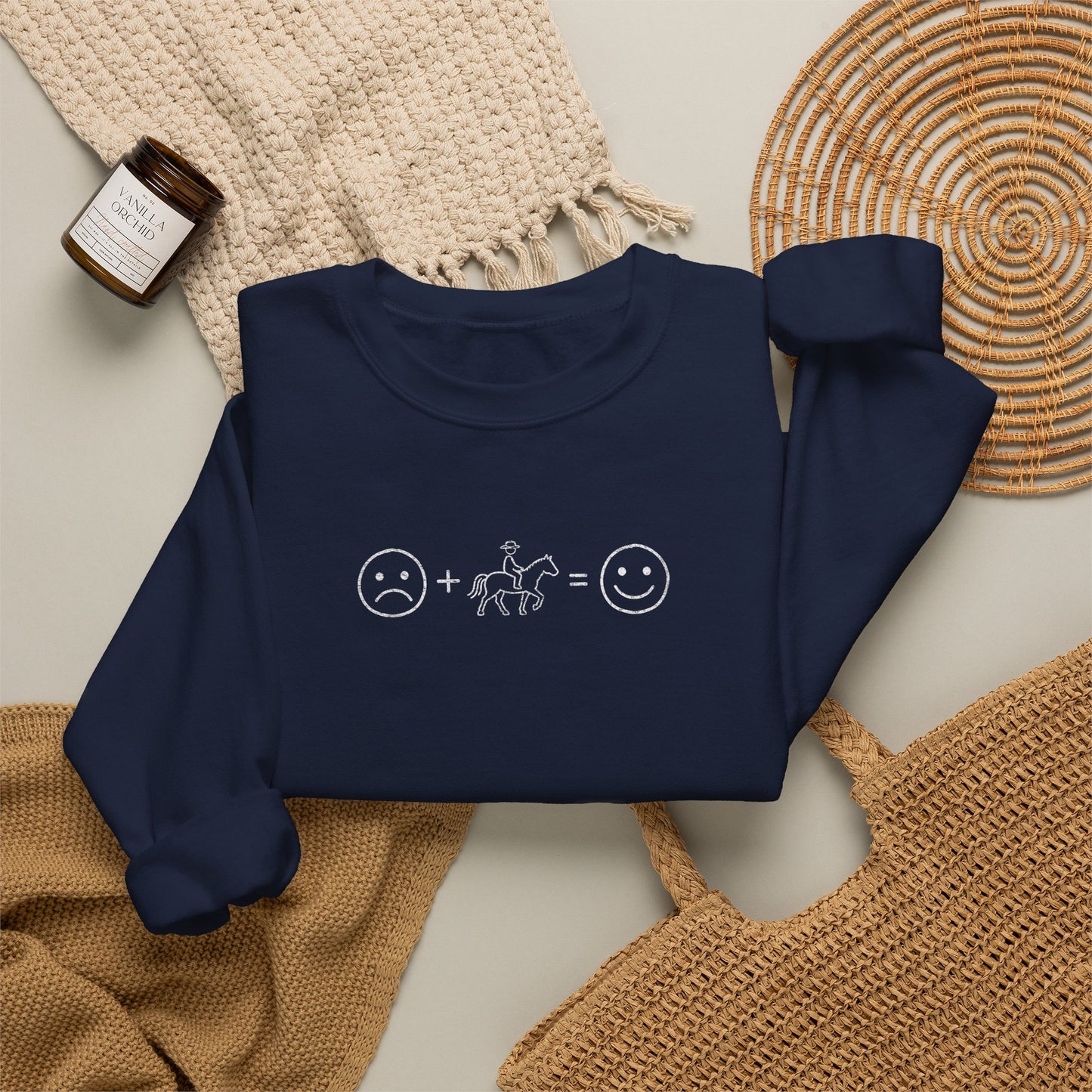 Horse Therapy Crewneck Sweatshirt — Sad + Horse = Happy Minimalist Equine Design