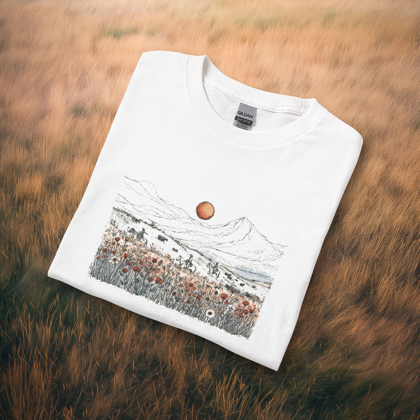 Mountain Meadow Long Sleeve Tee — Sunlit Wildflower Landscape Shirt