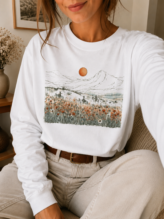 Mountain Meadow Long Sleeve Tee — Sunlit Wildflower Landscape Shirt